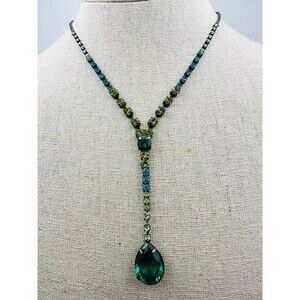unsigned green rhinestone Gun Metal Color y drop necklace 18”